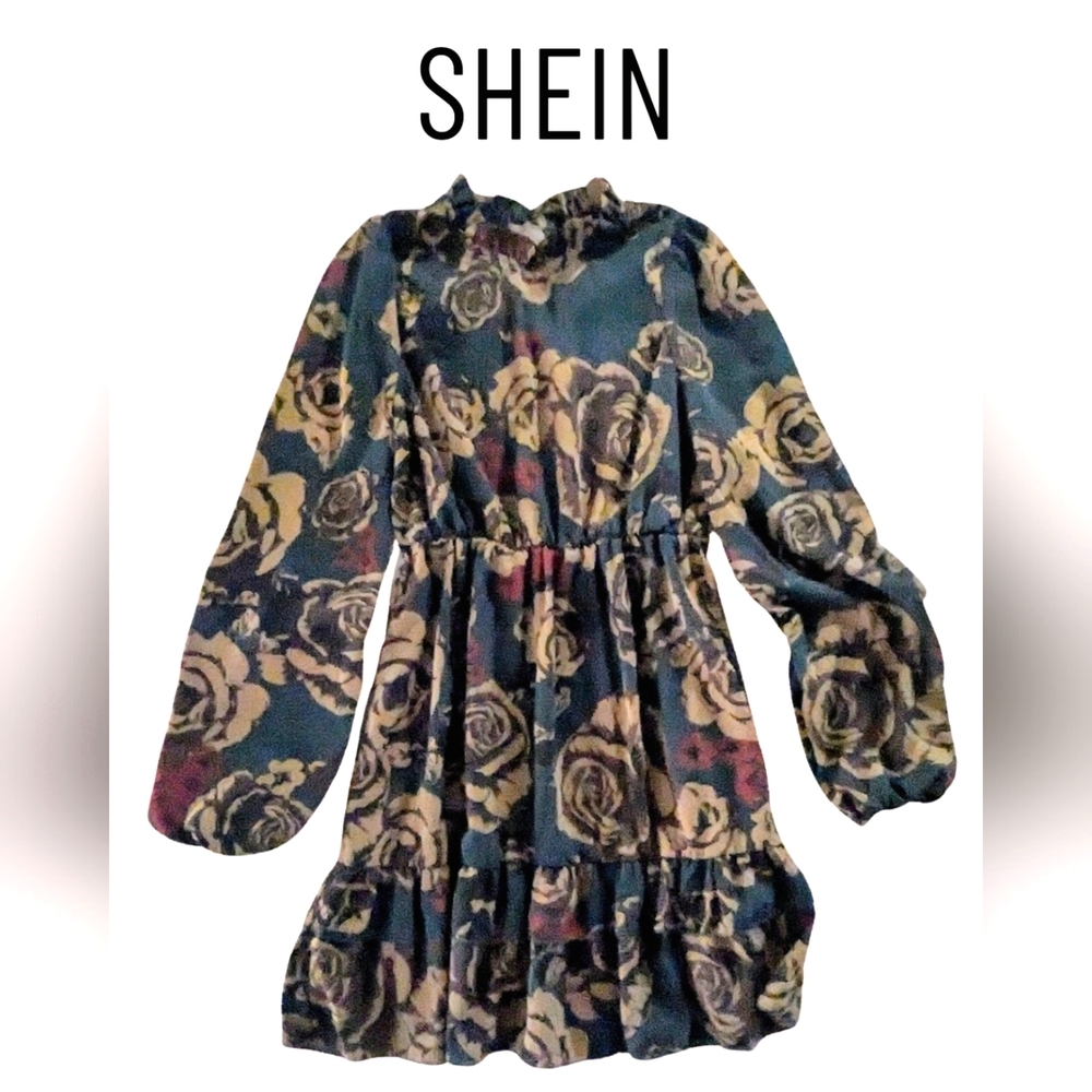 SHEIN size S, EUC green floral print dress with ruffle hemline